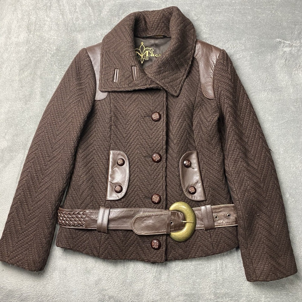 MACKAGE Coat Womens P/S Virgin Wool Genuine Leather Trim Belted Button Up Jacket